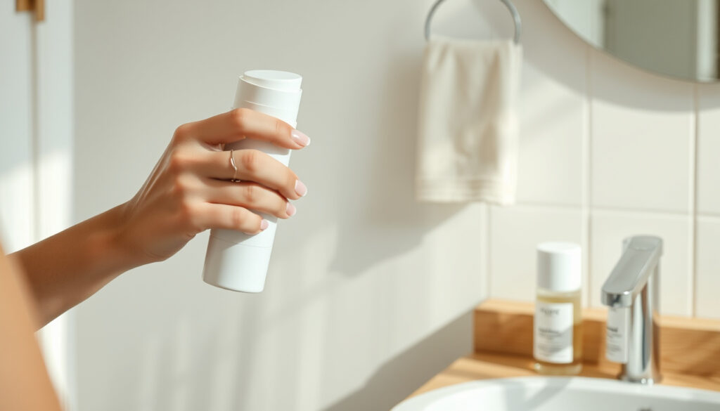 Naisten käsivarrella roll-on-deodoranttia levittävä käsi kaapin äärellä kylpyhuoneessa, viereinä pullo ja puikko.