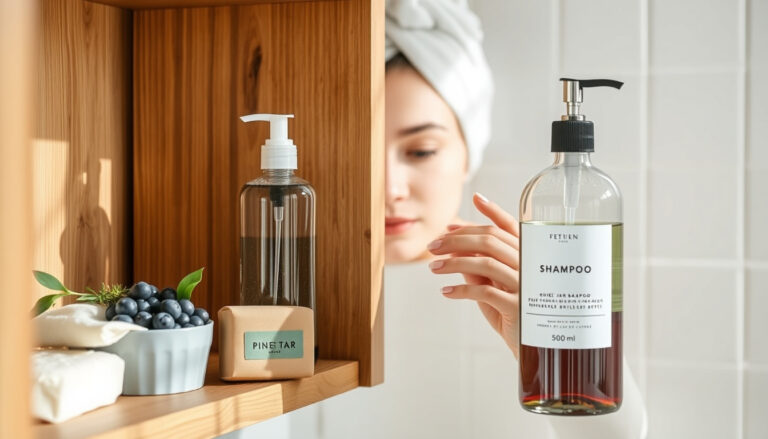 Kylpyhuoneen hyllyllä sävytetty shampoo-pullo mustikoiden ja tervasaippuan vieressä, kahden kokoluokan pullo valittavana